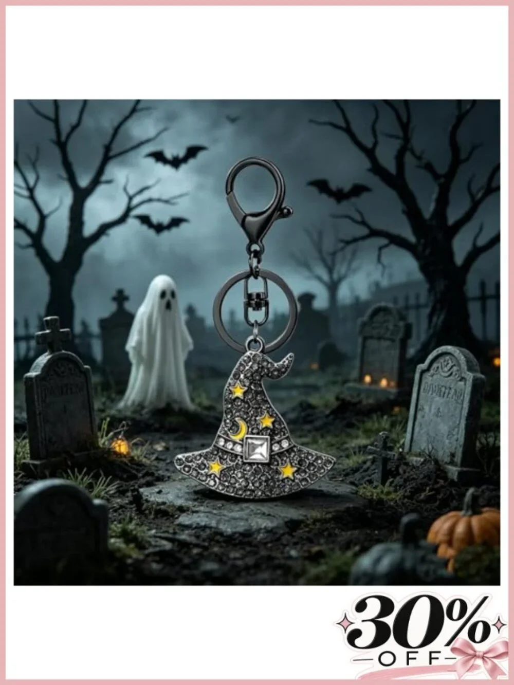 Rhinestone Halloween Keychain Purse Charm Ghost Pumpkin Bat Witch Hat Sparkly